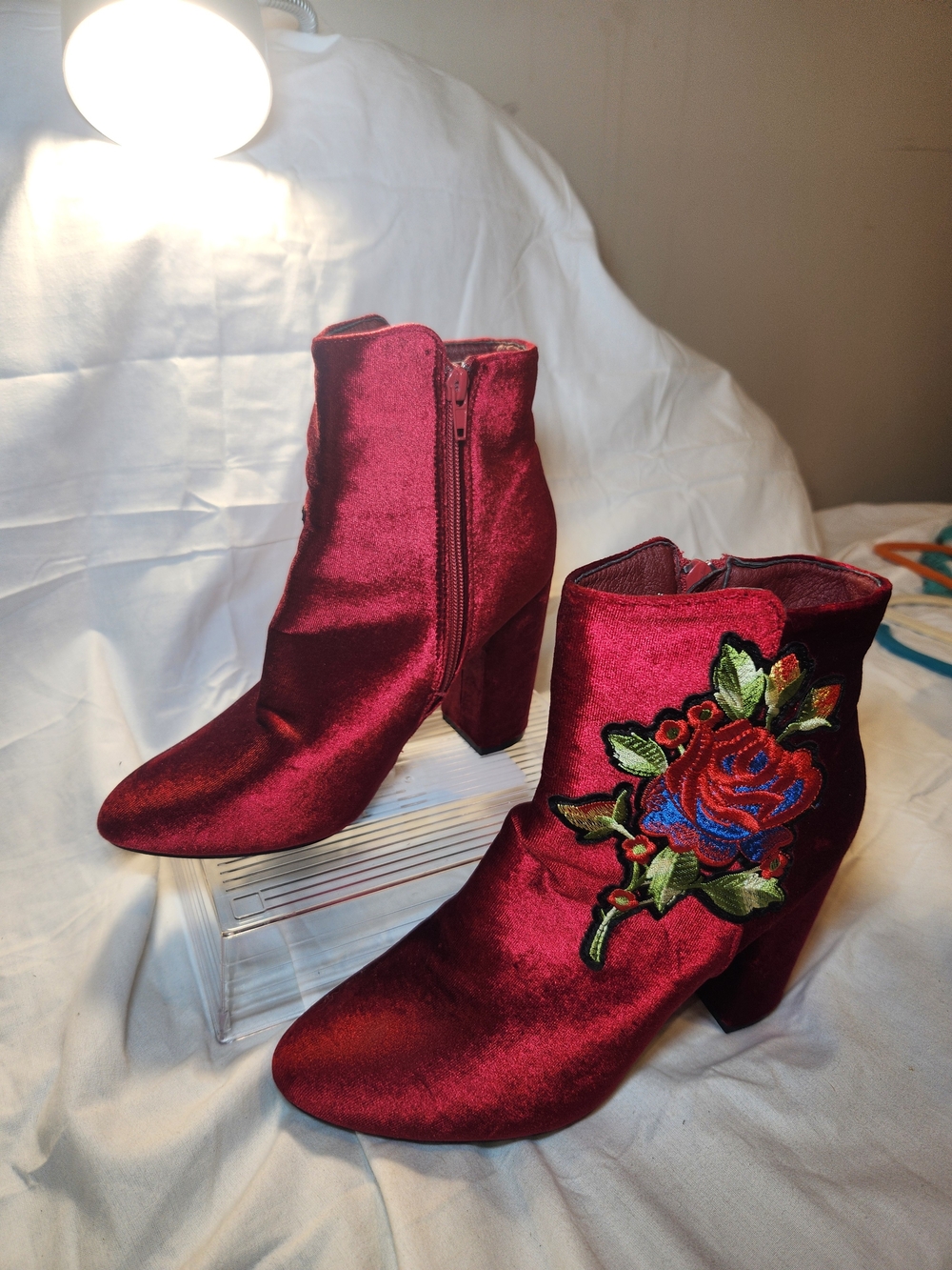 Hot Kiss Women’s Velvet Burgundy Ankle Boots with Embroidered Rose 8